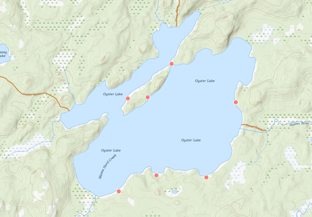 Screenshot of the Canoe Compass map focusing on Oyster Lake, showing campsites and portages.