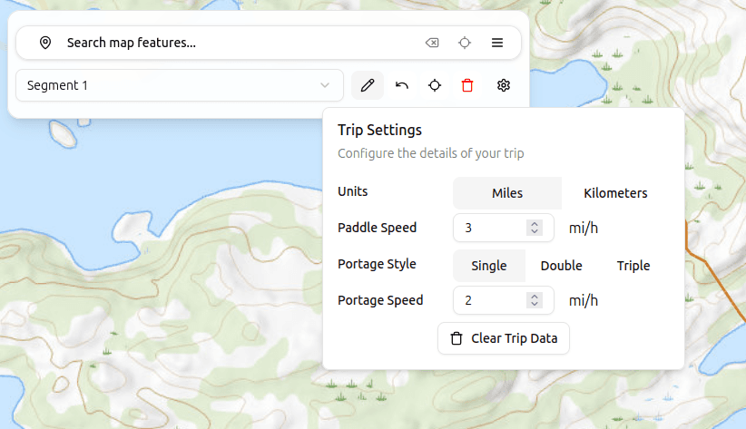 Screenshot of the Trip Settings page, showing options for paddling speed, portaging pace, and portaging style.